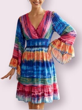 Betsey Johnson Bambi Boho Bell Sleeve Dress Rainbow Tie Dye Print Size 4
